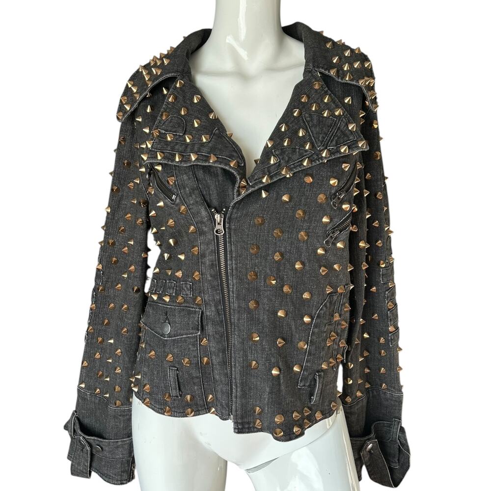 Studded Spike Rivet Black Denim Moto Jacket Size Small